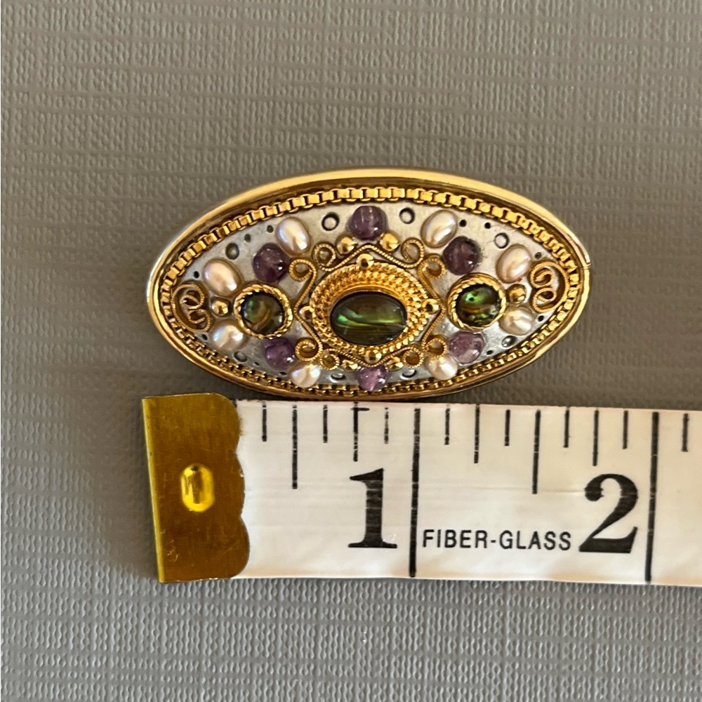 MICHAL GOLAN 24K GOLD PLATED PEARL AMETHYST CABOCHON STATEMENT
BROOCH PENDANT - Picture 3 of 3
